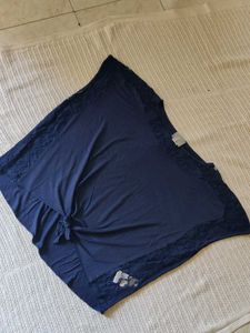 Navy Blue Lace Trim Tie-Front Top