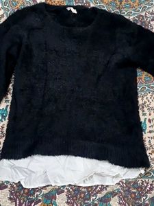 Fluffy Black Knit with White Hem