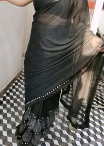 Black Frill Transparent Saree Very Beautiful With Blouse