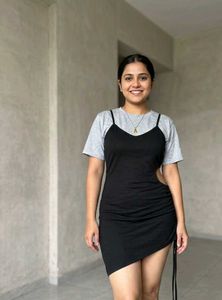 Chic Black Slip Dress with Grey Tee Layer