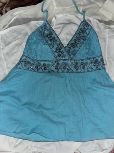 Blue Halter Neck Embroidery Top