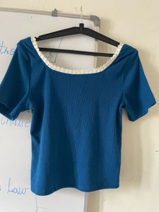 round neck teal blue lase embllised cotton top