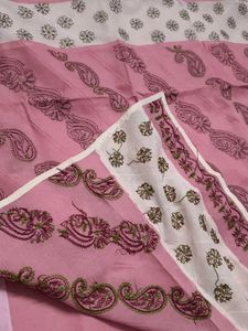 Pink Chikankari Floral Paisley Cotton Saree