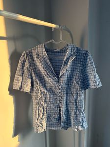 Blue Plaid Button-Up Short Sleeve Top