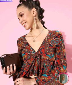 Boho Print Tie-Front Bell Sleeve Top