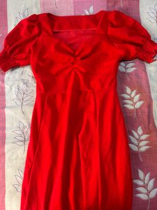 Red Puff Sleeve Square Neck Dress