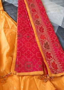 Silk Suit With Brocade Dupatta With Tassels For Little Girls
