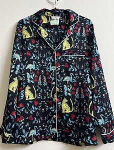 Whimsical Cat & Crane Print Pajama Top
