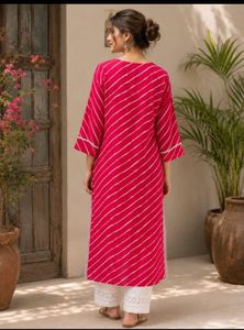 Vibrant Pink Striped Kurta with Embellished Neckli