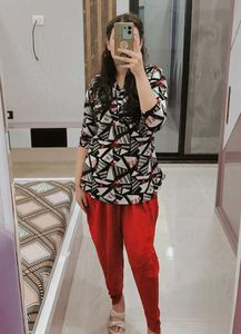 Stylish Printed Kurta with Red Pants
