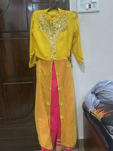Beautiful Yellow Kurta Set with Pink Skirt