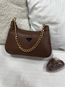 prada inspired Brown Shoulder Bag with Gold Chain