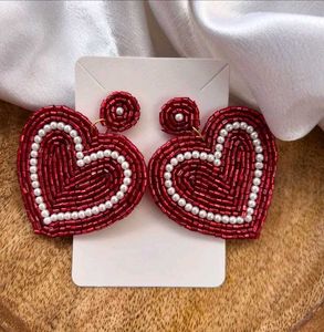 Heart Beaded Earrings - Red❤️