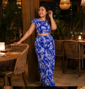Blue Floral Crop Top & Wide Leg Pants Set