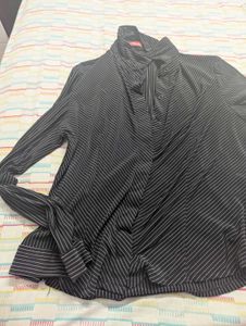 Striped Button-Up Blouse with Denim top