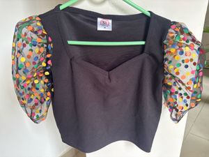 Stylish Black Top with Colorful Puff Sleeves