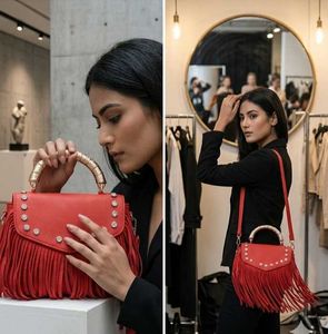 Chic Red Handbag with Gold Accent Handle