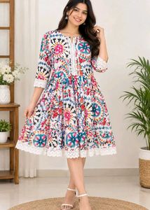 Vibrant Floral Print Kurta Frock with Lace Trim