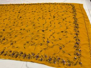 Yellow Sequined Silk Saree