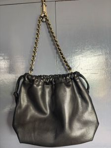Chic Black Drawstring Hobo Bag with Chain