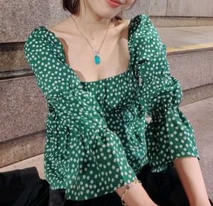 Green Floral Puff Sleeve Top