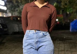 Brown Ribbed Long Sleeve Collared Top