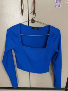 Blue Ribbed Square Neck Crop Top