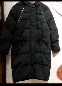 Black Hooded Puffer Coat with Studs