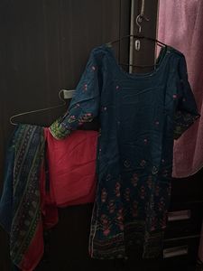 Teal Blue Printed Kurta Set with Dupatta