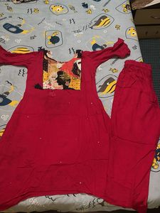 Red Kurta Set with Embellished Neckline