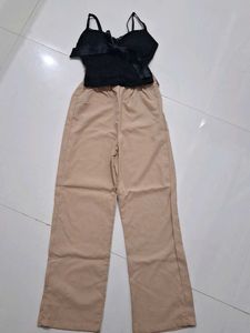 Chic Black Lace Top & Tan Pants Set