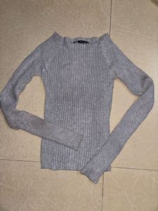 Zara Grey Ribbed Knit Sweater