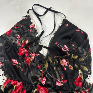 Floral Peplum Halter Top with Lace Trim