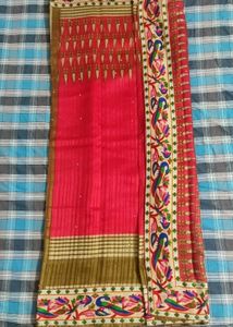 Free 3 Blouse Pieces Premium Self Woven Red Saree