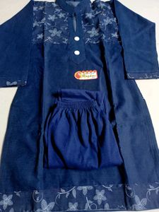Denim Kurta Set with Floral Embroidery