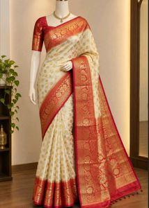 Elegant Cream & Red Silk Saree