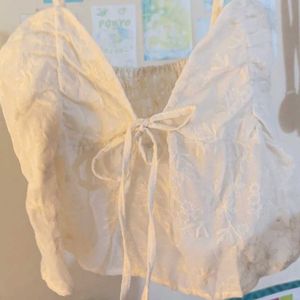 Cream Embroidered Tie-Front Crop Top