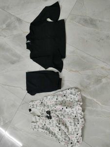 Cute Cat Print Dress &amp; Black Top Set