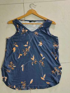 Blue Floral Sleeveless V-Neck Top