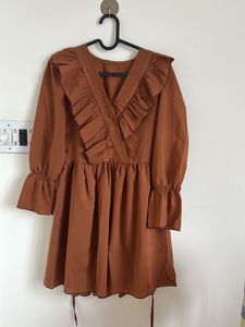 Brown Ruffled V-Neck Dress