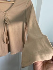 Tan V-Neck Long Sleeve Top with Drawstring