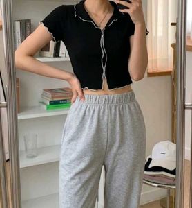 Black Korean Collared Crop Top