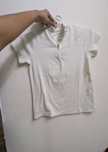 White Zip Neck Cropped Top