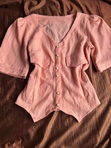 Chic Pink Textured Button-Up Top