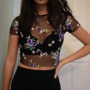 16158. Sheer Floral Embroidered Mesh Top