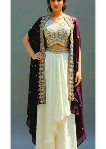Embroidered Crop Top & Palazzo Set with Cape