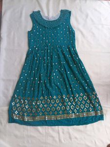 Women’s Teal Blue Embroidered Ethnic Gown Dress