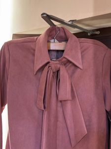 Suede Tie-Neck Long Sleeve Coat
