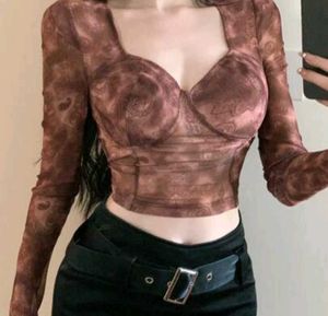 Brown Paisley Print Long Sleeve Crop Top