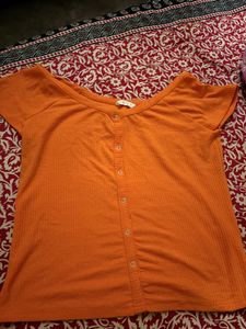 Orange Button-Up Ribbed Top